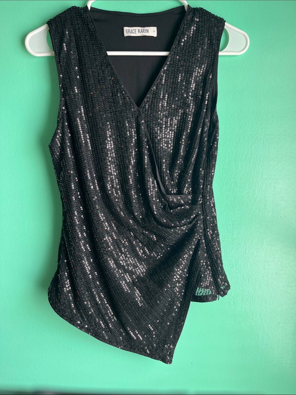 Grace Karin Black Sequin Faux-Wrap Sleeveless Top